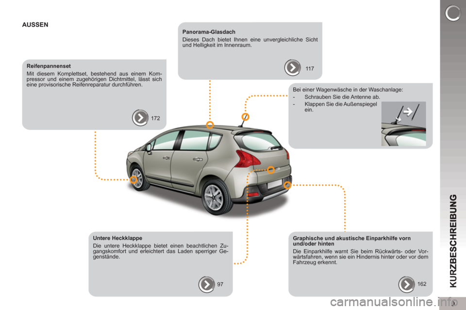 Peugeot 3008 Hybrid 4 2013  Betriebsanleitung (in German) 9
KUR
AUSSEN   
Panorama-Glasdach 
  Dieses Dach bietet Ihnen eine unvergleichliche Sicht 
und Helligkeit im Innenraum. 
 
11 7       
Reifenpannenset 
  Mit diesem Komplettset, bestehend aus einem Ko