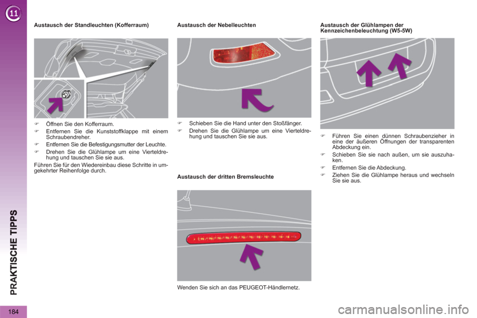 Peugeot 3008 Hybrid 4 2013  Betriebsanleitung (in German) PR
A
184
   
 
 
 
 
 
 
 
 
 
 
 
 
 
 
 
 
Austausch der dritten Bremsleuchte     
Austausch der Standleuchten (Kofferraum)    
 
 
 
 
 
 
 
 
 
 
 
 
 
 
 
 
 
Austausch der Nebelleuchten 
   
 
�