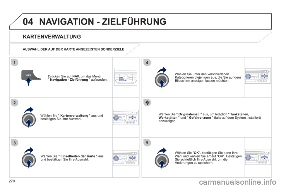 Peugeot 3008 Hybrid 4 2013 Betriebsanleitung (in German) 270
04NAVIGATION - ZIELFÜHRUNG
Drücken Sie auf NAV,
um das Menü
" Navigation - Zielführung" aufzurufen.
KARTENVERWALTUNG
AUSWAHL DER AUF DER KARTE ANGEZEIGTEN SONDERZIELE
W
ählen S Peugeot 3008 Hybrid 4 2013 Betriebsanleitung (in German) 270
04NAVIGATION - ZIELFÜHRUNG
Drücken Sie auf NAV,
um das Menü
" Navigation - Zielführung" aufzurufen.
KARTENVERWALTUNG
AUSWAHL DER AUF DER KARTE ANGEZEIGTEN SONDERZIELE
W
ählen S