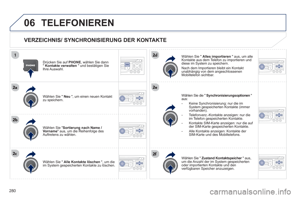 Peugeot 3008 Hybrid 4 2013 Betriebsanleitung (in German) 280
06TELEFONIEREN
VERZEICHNIS/ SYNCHRONISIERUNG DER KONTAKTE
Drücken Sie auf PHONE
, wählen Sie dann
" Kontakte verwalten
" und bestätigen Sie Ihre Auswahl.
Wählen Sie "
Neu
Peugeot 3008 Hybrid 4 2013 Betriebsanleitung (in German) 280
06TELEFONIEREN
VERZEICHNIS/ SYNCHRONISIERUNG DER KONTAKTE
Drücken Sie auf PHONE
, wählen Sie dann
" Kontakte verwalten
" und bestätigen Sie Ihre Auswahl.
Wählen Sie "
Neu