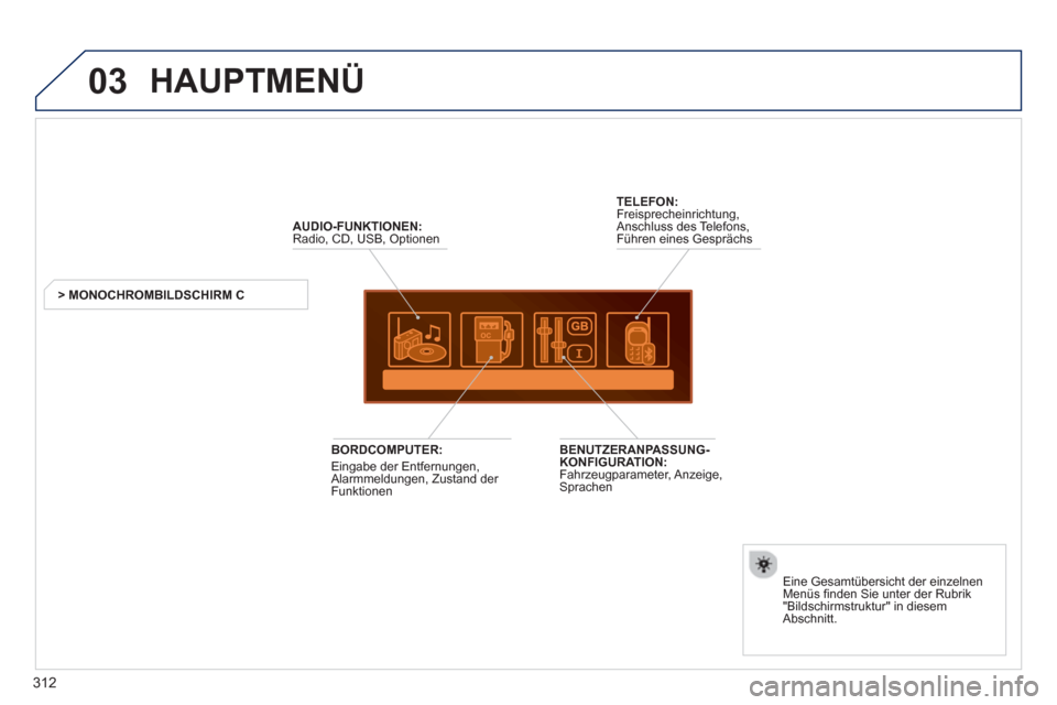 Peugeot 3008 Hybrid 4 2013  Betriebsanleitung (in German) 312
03  HAUPTMENÜ 
AUDIO-FUNKTIONEN:Radio, CD, USB, Optionen
> MONOCHROMBILDSCHIRM C  
Eine Gesamtübersicht der einzelnen
Menüs finden Sie unter der Rubrik
"Bildschirmstruktur" in diesem 
Abschnitt