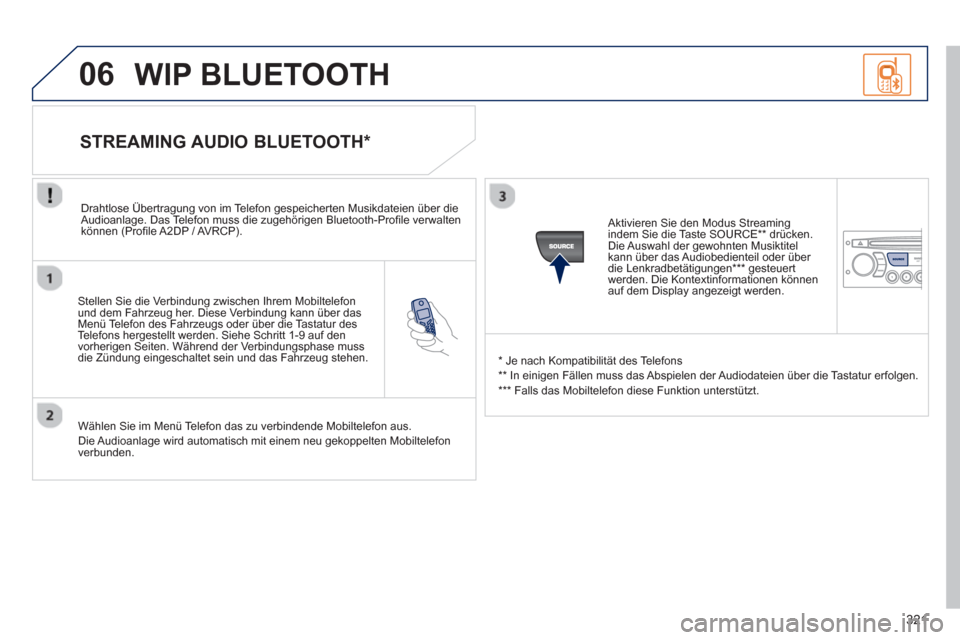Peugeot 3008 Hybrid 4 2013 Betriebsanleitung (in German) 321
06
Stellen Sie die Verbindung zwischen Ihrem Mobiltelefon
und dem Fahrzeug her. Diese Verbindung kann über dasMenü Telefon des Fahrzeugs oder über die Tastatur des
Telefons hergestellt werde Peugeot 3008 Hybrid 4 2013 Betriebsanleitung (in German) 321
06
Stellen Sie die Verbindung zwischen Ihrem Mobiltelefon
und dem Fahrzeug her. Diese Verbindung kann über dasMenü Telefon des Fahrzeugs oder über die Tastatur des
Telefons hergestellt werde