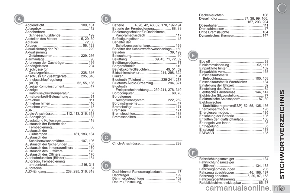 Peugeot 3008 Hybrid 4 2013  Betriebsanleitung (in German) STICHWORTVERZEICHNIS
327
Abblendlicht ...................................... 100,  181
Ablagebox..................................................112
Abnehmbare 
Schneeschutzblende ...................