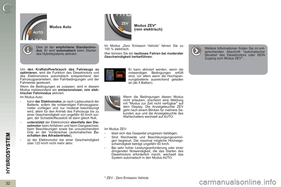 Peugeot 3008 Hybrid 4 2013  Betriebsanleitung (in German) HY
B
32
Modus ZEV *  (rein elektrisch)
 
 
Im Modus „Zero Emission Vehicle“ fahren Sie zu 
100 % elektrisch. 
  Hier können Sie ein  lautloses Fahren bei moderater 
Geschwindigkeit herbeiführen.