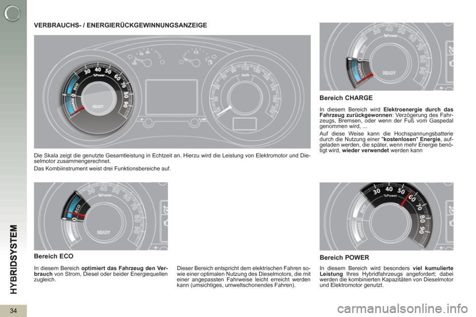Peugeot 3008 Hybrid 4 2013 Betriebsanleitung (in German) HY
B
34
VERBRAUCHS- / ENERGIERÜCKGEWINNUNGSANZEIGE
Die Skala zeigt die genutzte Gesamtleistung in Echtzeit an. Hierzu wird die Leistung von Elektromotor und Die-
selmotor zusammengerechnet.
Das Peugeot 3008 Hybrid 4 2013 Betriebsanleitung (in German) HY
B
34
VERBRAUCHS- / ENERGIERÜCKGEWINNUNGSANZEIGE
Die Skala zeigt die genutzte Gesamtleistung in Echtzeit an. Hierzu wird die Leistung von Elektromotor und Die-
selmotor zusammengerechnet.
Das