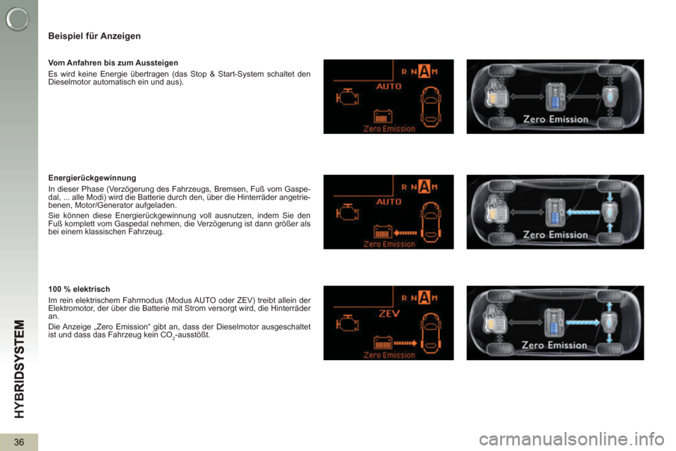 Peugeot 3008 Hybrid 4 2013 Betriebsanleitung (in German) HY
B
36
Beispiel für Anzeigen
Vom Anfahren bis zum Aussteigen
Es wird keine Energie übertragen (das Stop & Start-System schaltet den
Dieselmotor automatisch ein und aus).
Energierà Peugeot 3008 Hybrid 4 2013 Betriebsanleitung (in German) HY
B
36
Beispiel für Anzeigen
Vom Anfahren bis zum Aussteigen
Es wird keine Energie übertragen (das Stop & Start-System schaltet den
Dieselmotor automatisch ein und aus).
EnergierÃ