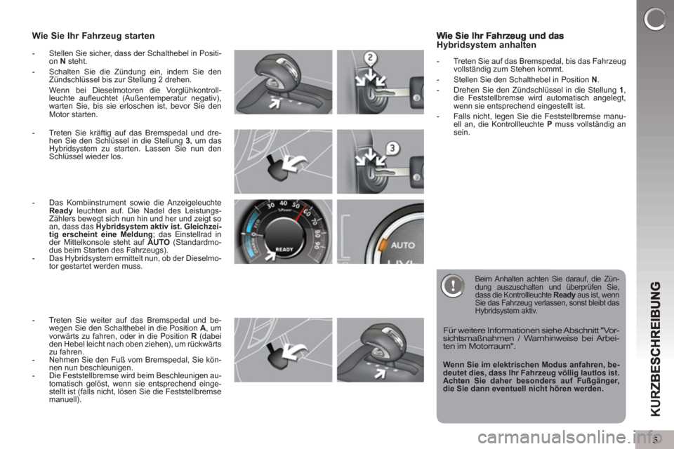 Peugeot 3008 Hybrid 4 2013  Betriebsanleitung (in German) 5
KUR
Wie Sie Ihr Fahrzeug starten 
   
 
-   Stellen Sie sicher, dass der Schalthebel in Positi-
on  N 
 steht. 
   
-   Schalten Sie die Zündung ein, indem Sie den 
Zündschlüssel bis zur Stellung