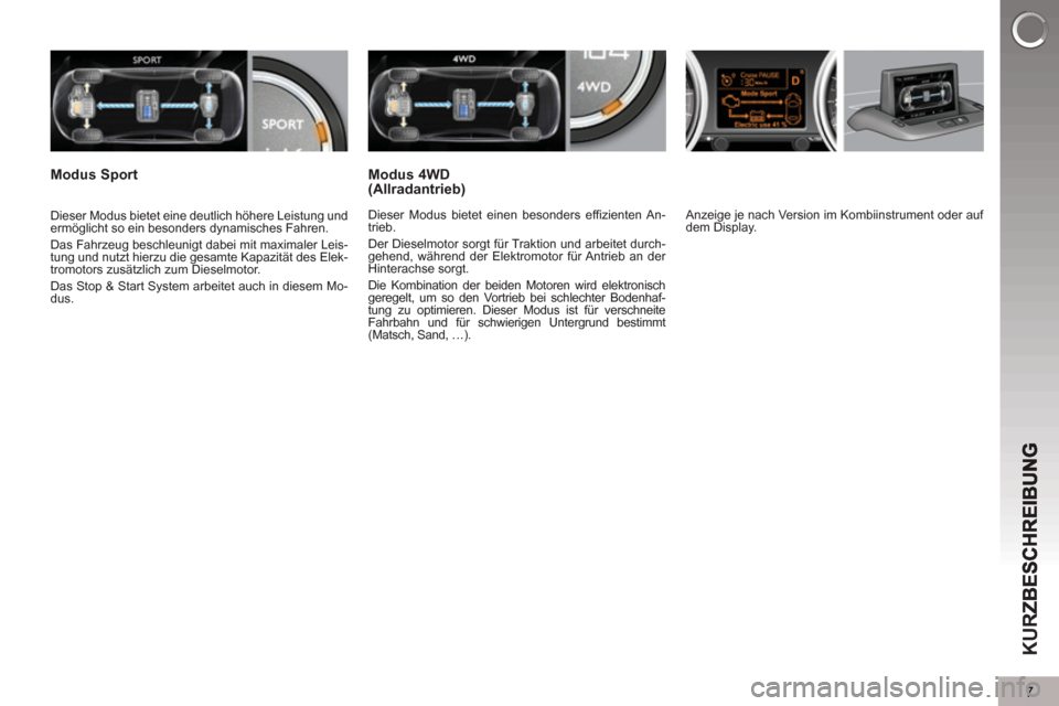 Peugeot 3008 Hybrid 4 2013  Betriebsanleitung (in German) 7
KUR
   
Anzeige je nach Version im Kombiinstrument oder auf 
dem Display.  
     
Dieser Modus bietet eine deutlich höhere Leistung und 
ermöglicht so ein besonders dynamisches Fahren. 
  Das Fahr