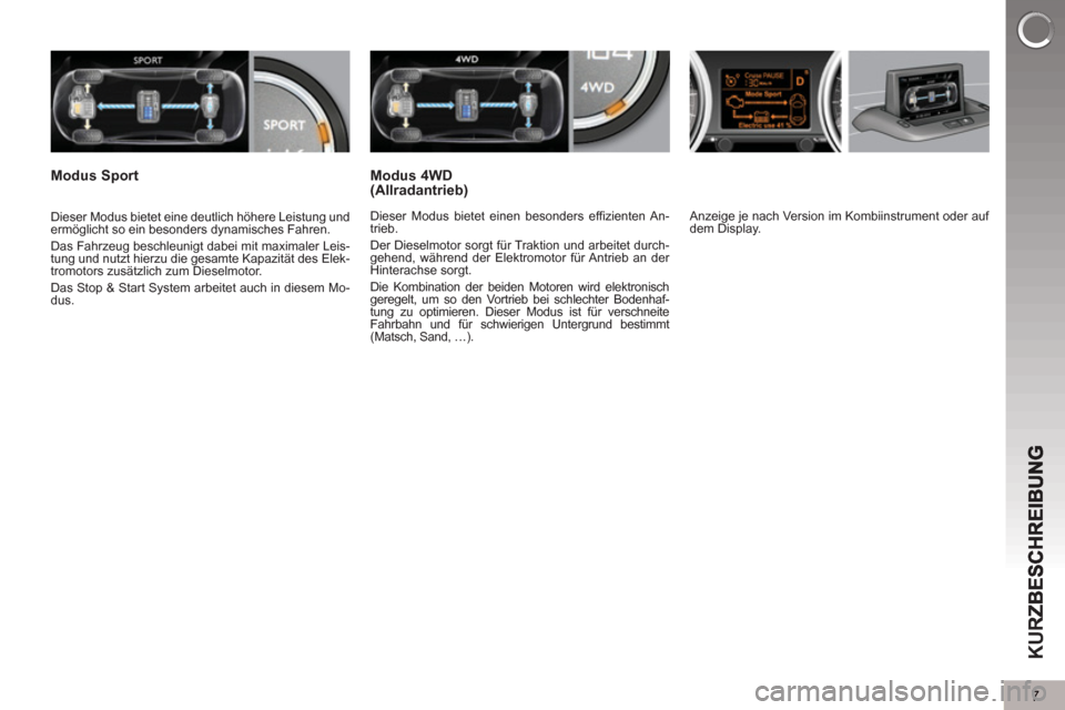 Peugeot 3008 Hybrid 4 2013 Betriebsanleitung (in German) 7
KUR
Anzeige je nach Version im Kombiinstrument oder auf
dem Display.
Dieser Modus bietet eine deutlich höhere Leistung und
ermöglicht so ein besonders dynamisches Fahren.
Das Fahr Peugeot 3008 Hybrid 4 2013 Betriebsanleitung (in German) 7
KUR
Anzeige je nach Version im Kombiinstrument oder auf
dem Display.
Dieser Modus bietet eine deutlich höhere Leistung und
ermöglicht so ein besonders dynamisches Fahren.
Das Fahr