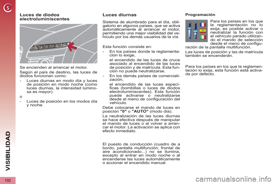 Peugeot 3008 Hybrid 4 2013  Manual del propietario (in Spanish) VIS
102
   
Se encienden al arrancar el motor. 
  Según el país de destino, las luces de 
diodos funcionan como: 
   
 
-   Luces diurnas en modo día y luces 
de posición en modo noche (como 
luce