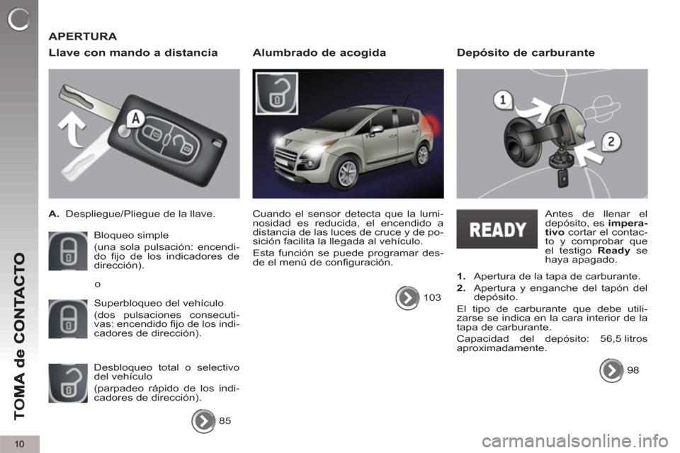 Peugeot 3008 Hybrid 4 2013  Manual del propietario (in Spanish) 10
TO
M
 APERTURA 
   
Llave con mando a distancia
 
 
 
 
A. 
  Despliegue/Pliegue de la llave.  
  Bloqueo simple  
(una sola pulsación: encendi-
do fijo de los indicadores de 
dirección). 
  Supe