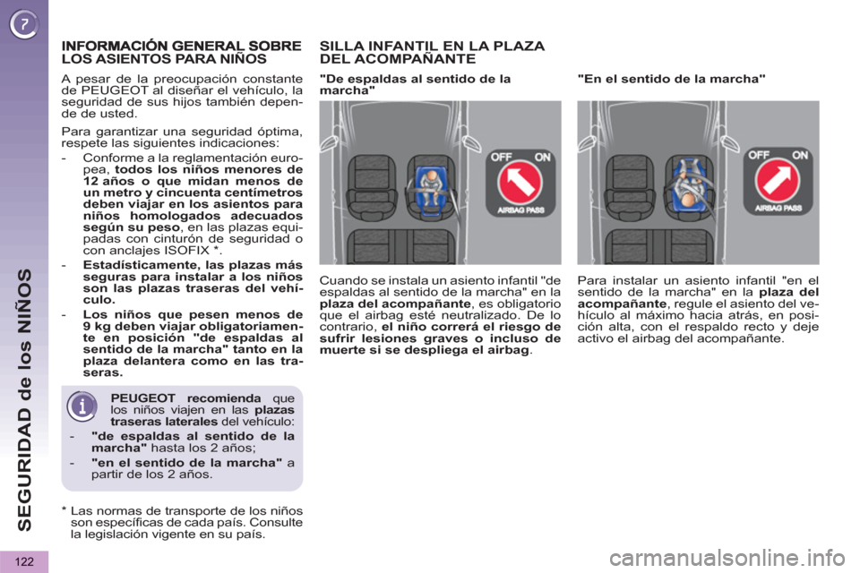 Peugeot 3008 Hybrid 4 2013  Manual del propietario (in Spanish) SEGURIDAD de los NIÑOS
122
   
 
 
 
 
 
 
 
 
 
 
 
 
 PEUGEOT recomienda 
 que 
los niños viajen en las  plazas 
traseras 
  laterales 
 del vehículo: 
 
 
 
-   "de espaldas al sentido de la 
ma