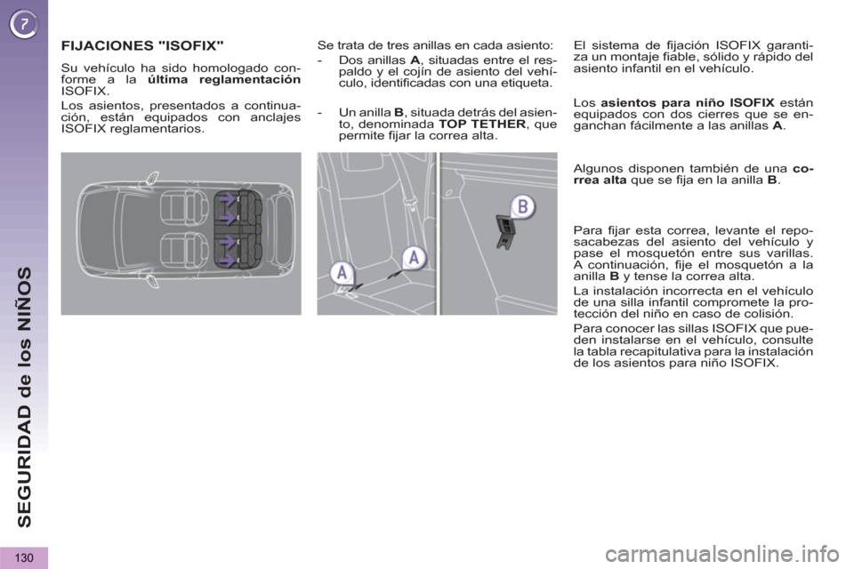 Peugeot 3008 Hybrid 4 2013 Manual del propietario (in Spanish) SEGURIDAD de los NIÑOS
130
FIJACIONES "ISOFIX"
Se trata de tres anillas en cada asiento:
- Dos anillas A
, situadas entre el res-
paldo y el cojín de asiento del vehí-
culo, identif Peugeot 3008 Hybrid 4 2013 Manual del propietario (in Spanish) SEGURIDAD de los NIÑOS
130
FIJACIONES "ISOFIX"
Se trata de tres anillas en cada asiento:
- Dos anillas A
, situadas entre el res-
paldo y el cojín de asiento del vehí-
culo, identif