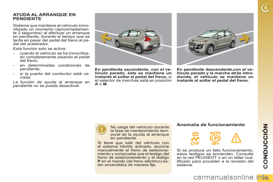 Peugeot 3008 Hybrid 4 2013 Manual del propietario (in Spanish) CO
149
AYUDA AL ARRANQUE ENPENDIENTE
En pendiente ascendente, con el ve-
hículo parado, éste se mantiene un
instante al soltar el pedal del freno,
si
el selector de marchas está en posici Peugeot 3008 Hybrid 4 2013 Manual del propietario (in Spanish) CO
149
AYUDA AL ARRANQUE ENPENDIENTE
En pendiente ascendente, con el ve-
hículo parado, éste se mantiene un
instante al soltar el pedal del freno,
si
el selector de marchas está en posici