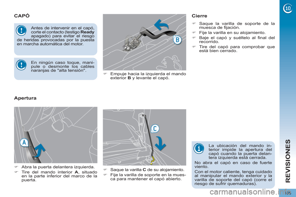 Peugeot 3008 Hybrid 4 2013  Manual del propietario (in Spanish) REVISIONES
165
CAPÓ 
   
�) 
  Empuje hacia la izquierda el mando 
exterior  B 
 y levante el capó. 
   
�) 
  Saque la varilla  C 
 de su alojamiento. 
   
�) 
  Fije la varilla de soporte en la mu