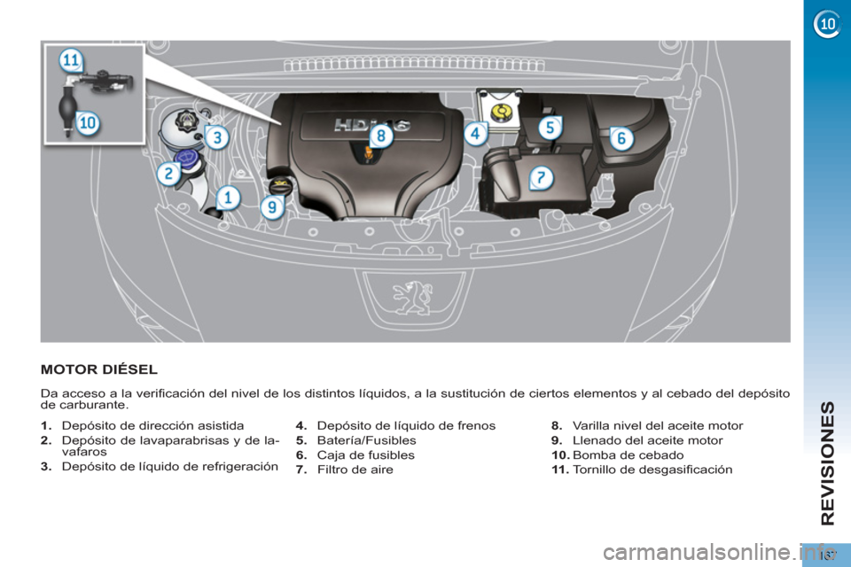 Peugeot 3008 Hybrid 4 2013  Manual del propietario (in Spanish) REVISIONES
167
MOTOR DIÉSEL 
  Da acceso a la verificación del nivel de los distintos líquidos, a la sustitución de ciertos elementos y al cebado del depósito 
de carburante. 
   
 
1. 
  Depósi