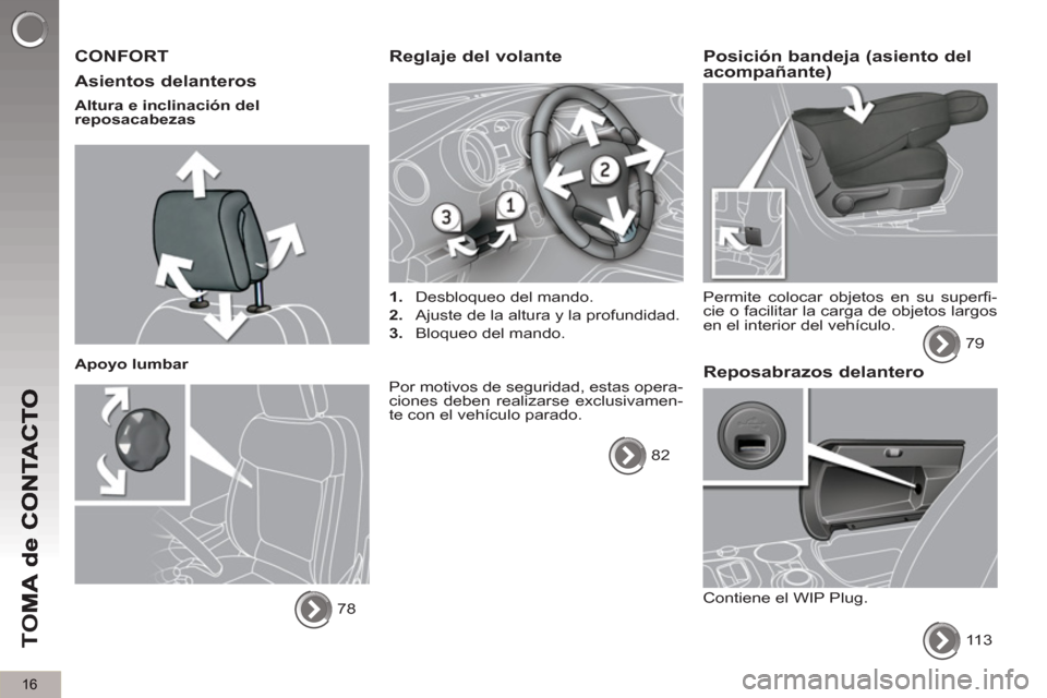 Peugeot 3008 Hybrid 4 2013  Manual del propietario (in Spanish) 16
TO
M
  CONFORT
   
Asientos delanteros
 
 
Altura e inclinación del 
reposacabezas  
   
Apoyo lumbar 
  78  
 
Reglaje del volante 
 
 
 
1. 
  Desbloqueo del mando. 
   
2. 
  Ajuste de la altur