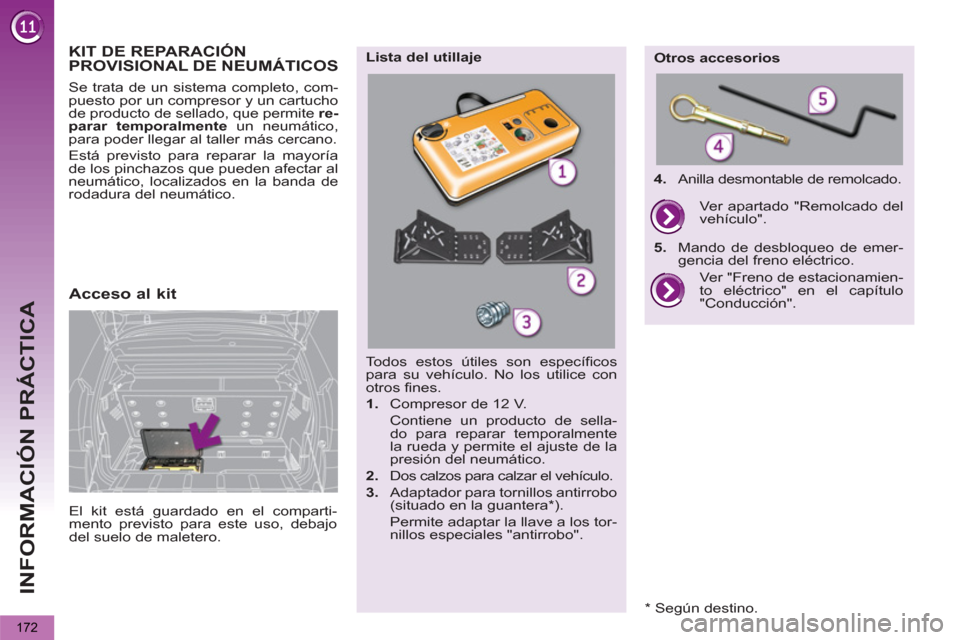 Peugeot 3008 Hybrid 4 2013 Manual del propietario (in Spanish) INFORMACIÓN PRÁCTICA
172
Todos estos útiles son específicos
para su vehículo. No los utilice con
otros fines.
1.
Compresor de 12 V.
Contiene un producto de sella-
do para repara Peugeot 3008 Hybrid 4 2013 Manual del propietario (in Spanish) INFORMACIÓN PRÁCTICA
172
Todos estos útiles son específicos
para su vehículo. No los utilice con
otros fines.
1.
Compresor de 12 V.
Contiene un producto de sella-
do para repara