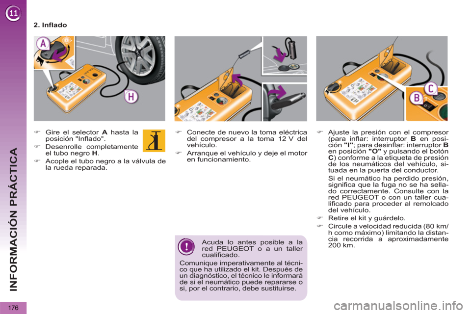 Peugeot 3008 Hybrid 4 2013  Manual del propietario (in Spanish) INFORMACIÓN PRÁCTICA
176
   
 
 
�) 
  Conecte de nuevo la toma eléctrica 
del compresor a la toma 12 V del 
vehículo. 
   
�) 
  Arranque el vehículo y deje el motor 
en funcionamiento.  
     
