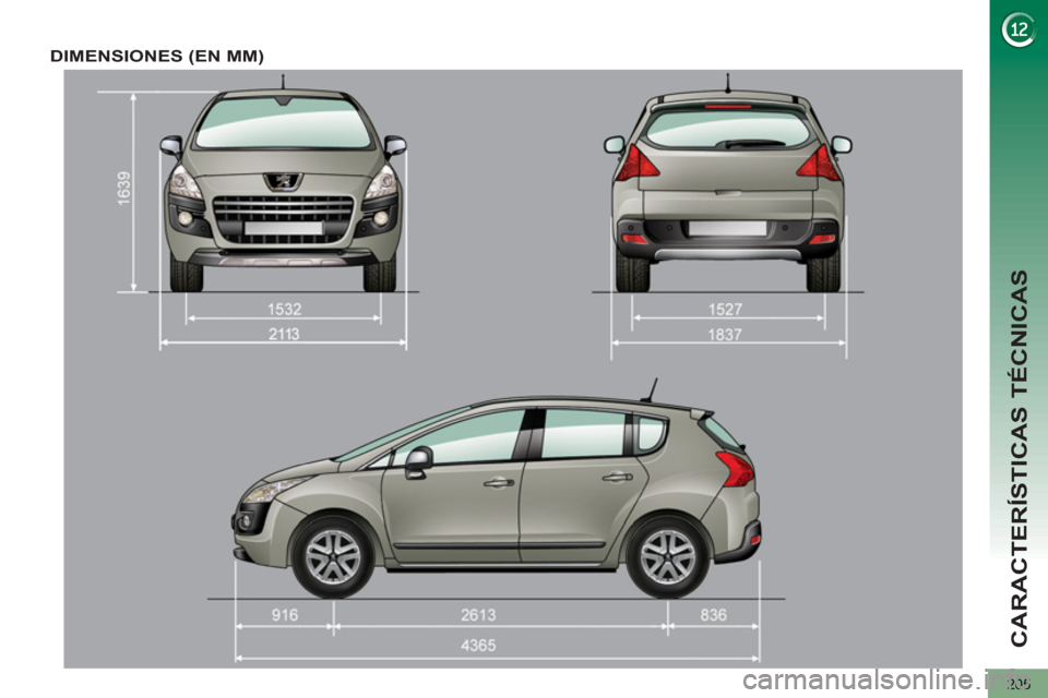 Peugeot 3008 Hybrid 4 2013  Manual del propietario (in Spanish) CARACTERÍSTICAS TÉCNICAS
205
DIMENSIONES (EN MM) 