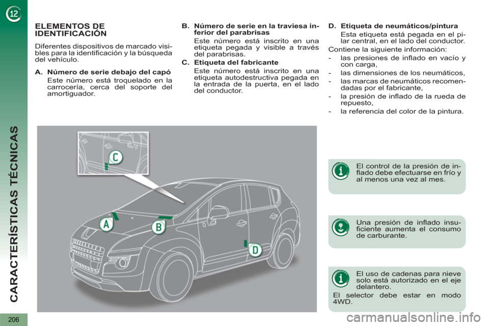 Peugeot 3008 Hybrid 4 2013  Manual del propietario (in Spanish) CARACTERÍSTICAS TÉCNICAS
206
ELEMENTOS DE
IDENTIFICACIÓN
  Diferentes dispositivos de marcado visi-
bles para la identificación y la búsqueda 
del vehículo.  
   
Una presión de inflado insu-
f