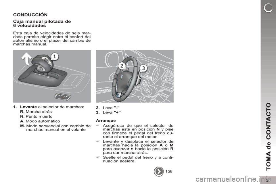 Peugeot 3008 Hybrid 4 2013  Manual del propietario (in Spanish) 25
TO
M
  158  
 
CONDUCCIÓN
Ca
ja manual pilotada de
6 velocidades
   
Esta caja de velocidades de seis mar-
chas permite elegir entre el confort del 
automatismo o el placer del cambio de 
marchas 