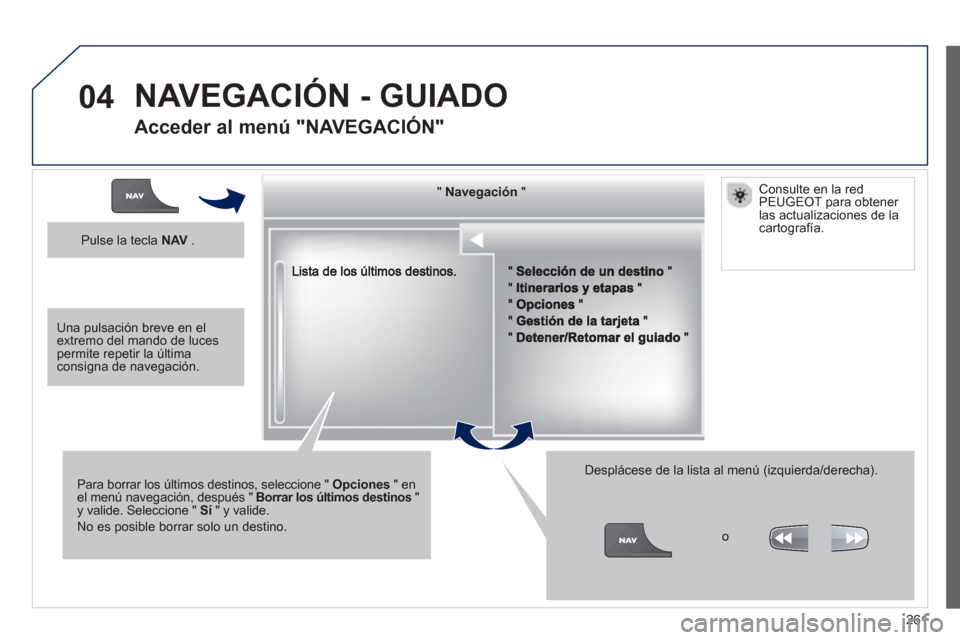 Peugeot 3008 Hybrid 4 2013  Manual del propietario (in Spanish) 261
04
""""""""""""gggggNavegaciónNavegaciónNavegaciónNavegaciónNavegaciónNavegaciónNavegaciónNavegaciónNavegaciónNavegaciónNavegaciónNavegaciónNavegaciónNióNióNióNióNióNióNióNióN