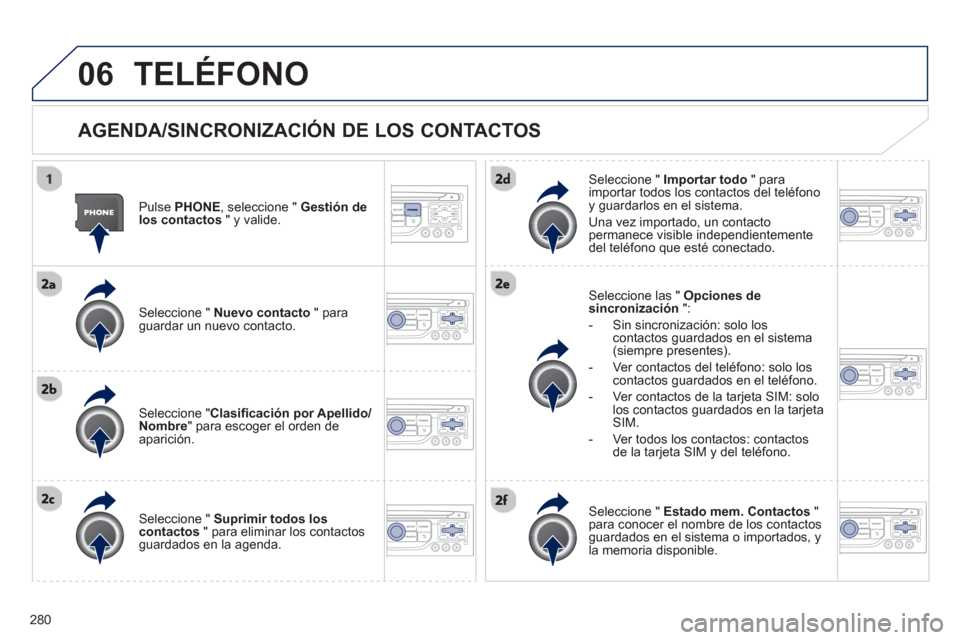 Peugeot 3008 Hybrid 4 2013  Manual del propietario (in Spanish) 280
06TELÉFONO
   
AGENDA/SINCRONIZACIÓN DE LOS CONTACTOS 
 
 Pulse  PHONE, seleccione " Gestión de los contactos 
 " y valide.
   
Seleccione " Nuevo contacto" paraguardar un nuevo contacto.  
   