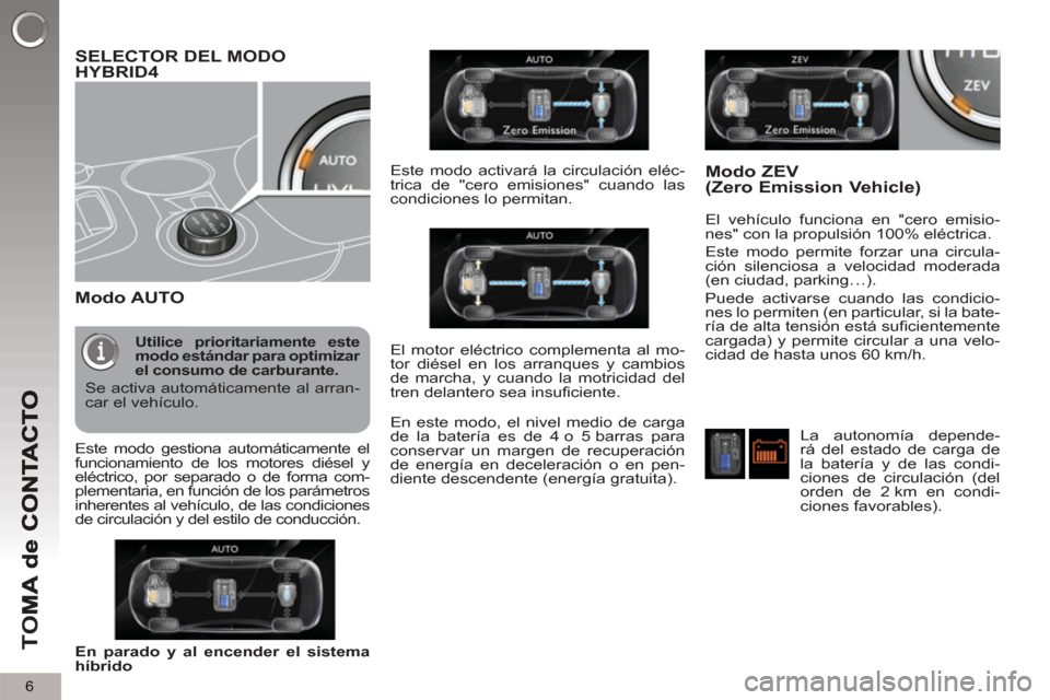 Peugeot 3008 Hybrid 4 2013  Manual del propietario (in Spanish) 6
TO
M
SELECTOR DEL MODO 
HYBRID4 
   
Modo AUTO
 
 
El vehículo funciona en "cero emisio-
nes" con la propulsión 100% eléctrica. 
  Este modo permite forzar una circula-
ción silenciosa a velocid