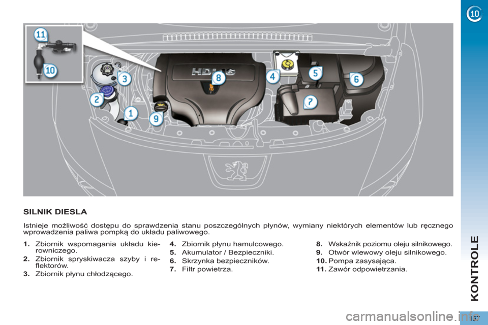 Peugeot 3008 Hybrid 4 2013  Instrukcja Obsługi (in Polish) KONTROLE
167
SILNIK DIESLA 
  Istnieje możliwość dostępu do sprawdzenia stanu poszczególnych płynów, wymiany niektórych elementów lub ręcznego 
wprowadzenia paliwa pompką do układu paliwow