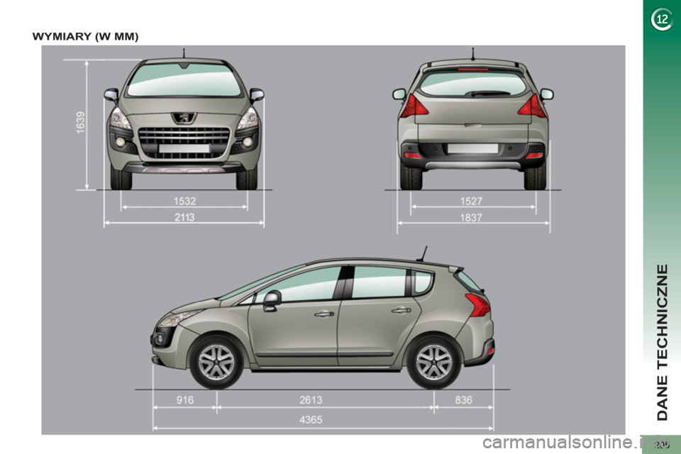 Peugeot 3008 Hybrid 4 2013  Instrukcja Obsługi (in Polish) DANE TECHNICZNE
205
WYMIARY (W MM)  