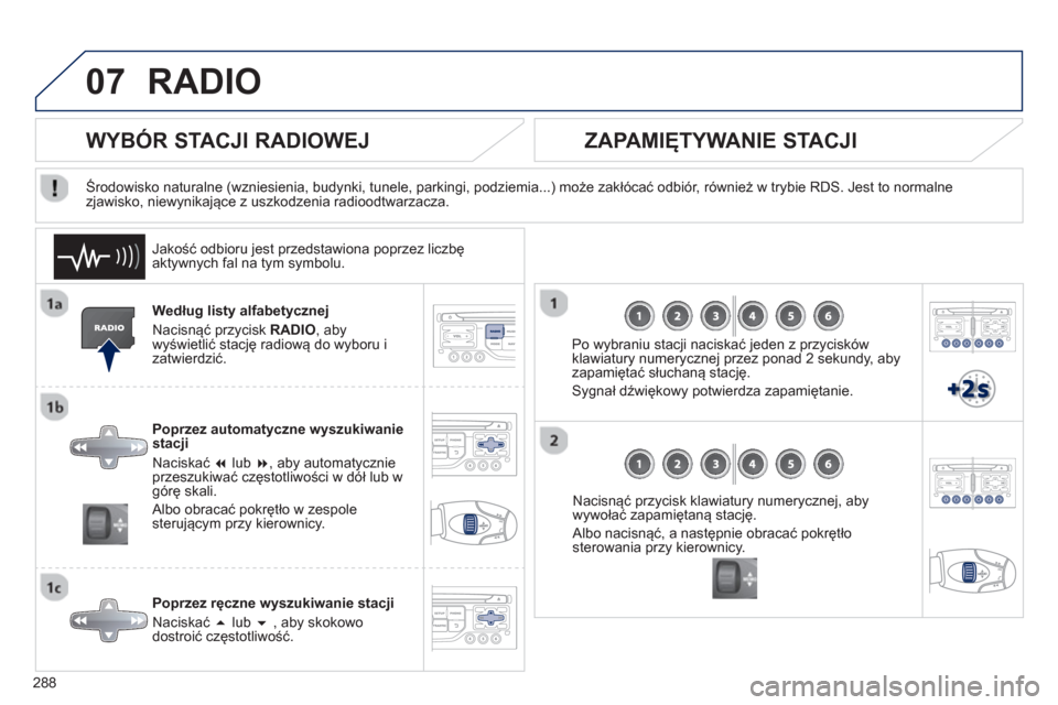 Peugeot 3008 Hybrid 4 2013  Instrukcja Obsługi (in Polish) 288
07RADIO 
Według listy alfabetycznej 
Nacisnąć prz
ycisk RADIO , aby 
wyświetlić stację radiową do wyboru i 
zatwierdzić.  
Poprzez automat
yczne wyszukiwanie
stacji 
N
aciskać  � lub  �