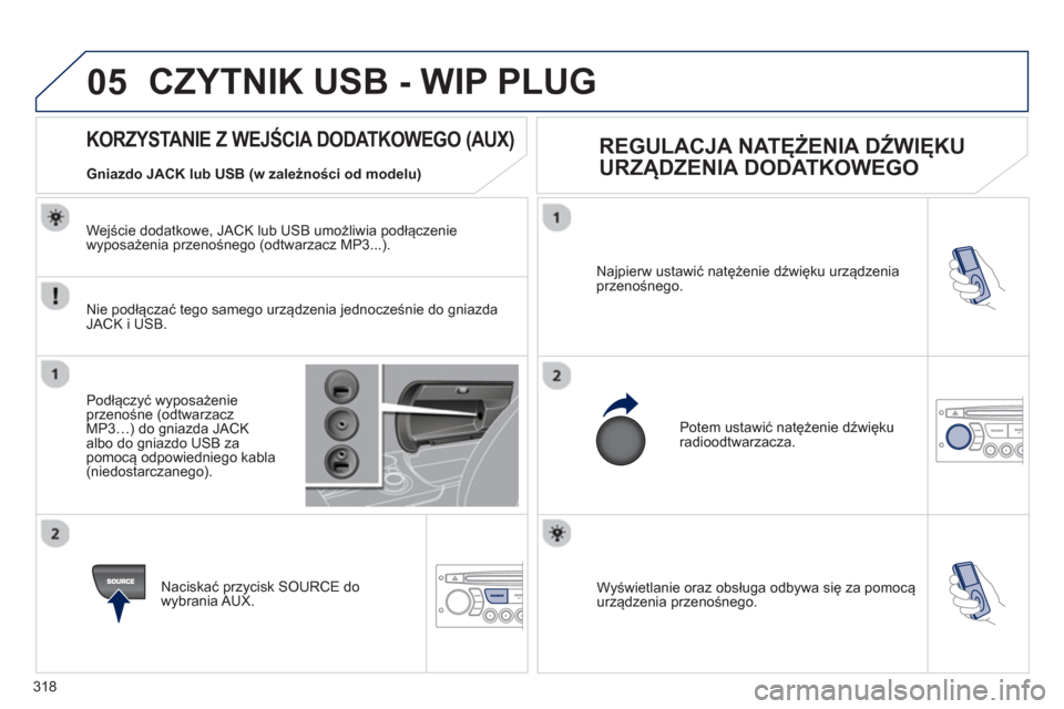 Peugeot 3008 Hybrid 4 2013  Instrukcja Obsługi (in Polish) 318
05
  Wyświetlanie oraz obsługa odbywa się za pomocą urządzenia przenośnego. Na
jpierw ustawić natężenie dźwięku urządzenia przenośnego. 
  Potem ustawić natężenie dźwięku
radiood