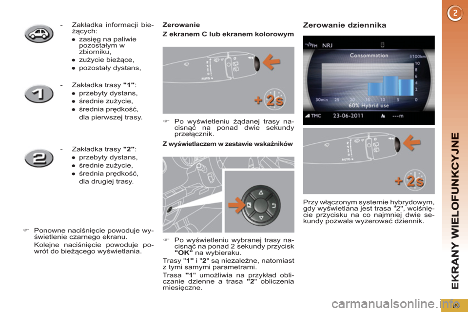 Peugeot 3008 Hybrid 4 2013  Instrukcja Obsługi (in Polish) EK
R
69
   
Zerowanie 
   
 
�)  Po wyświetleniu żądanej trasy na-
cisnąć na ponad dwie sekundy 
przełącznik.  
 
Z  wyświetlaczem w zestawie wskaźników  
 
 
 
 
-  Zakładka informacji bie