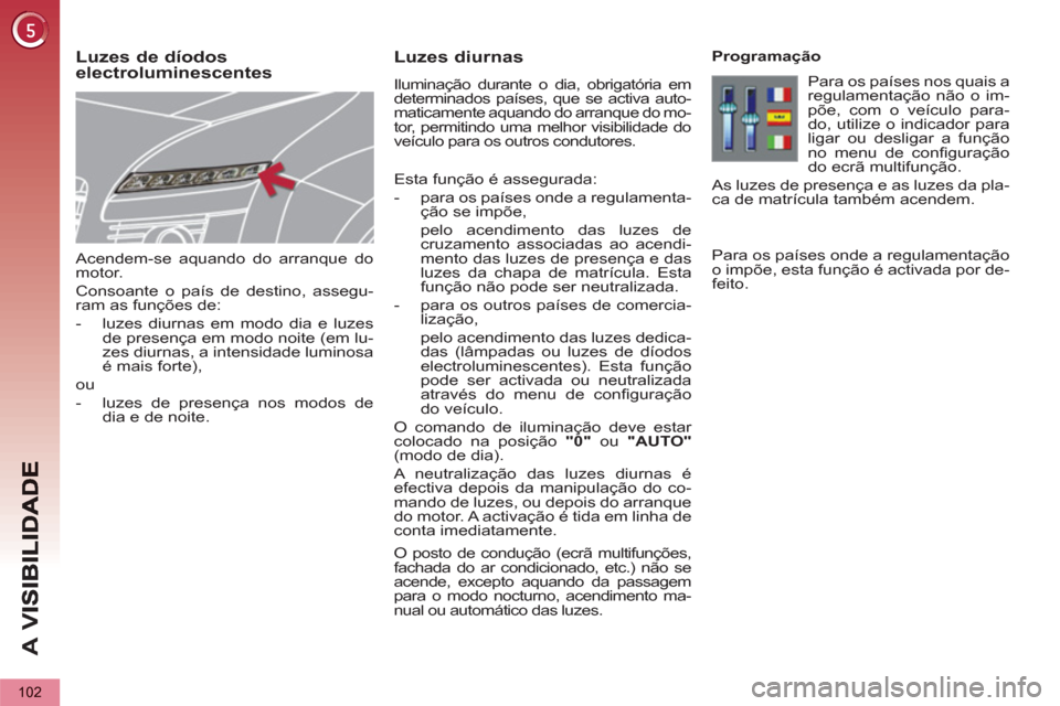 Peugeot 3008 Hybrid 4 2013  Manual do proprietário (in Portuguese) A 
V
102
   
Acendem-se aquando do arranque do 
motor. 
  Consoante o país de destino, assegu-
ram as funções de: 
   
 
-   luzes diurnas em modo dia e luzes 
de presença em modo noite (em lu-
ze