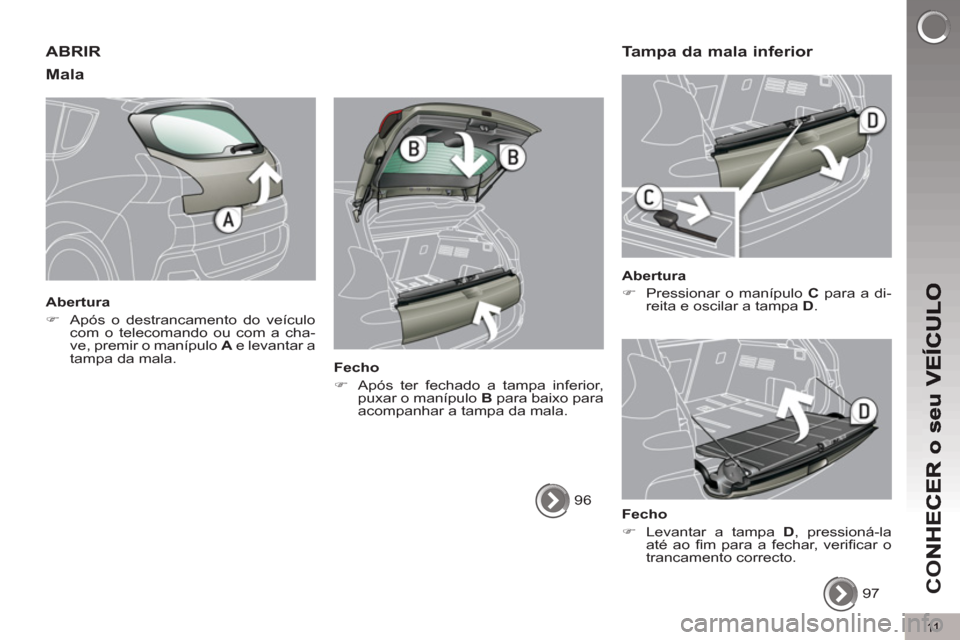 Peugeot 3008 Hybrid 4 2013  Manual do proprietário (in Portuguese) 11
CO
ABRIR
Mala
   
Abertura 
   
 
�) 
  Após o destrancamento do veículo 
com o telecomando ou com a cha-
ve, premir o manípulo  A 
 e levantar a 
tampa da mala.  
 
   
Fecho 
   
 
�) 
  Após