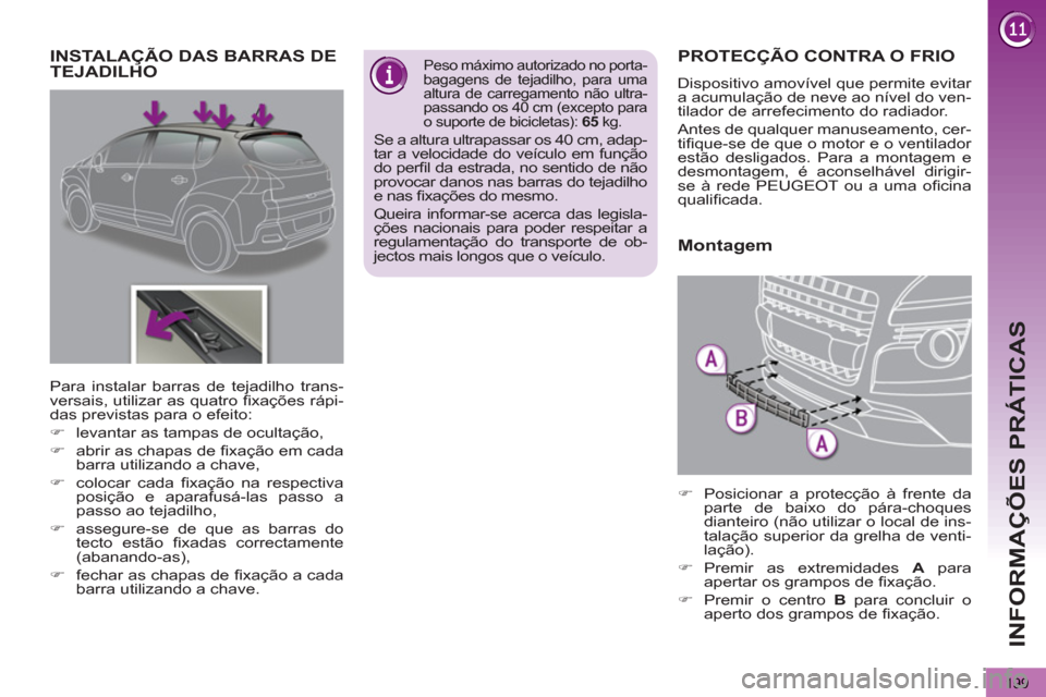 Peugeot 3008 Hybrid 4 2013  Manual do proprietário (in Portuguese) INFORMAÇÕES PRÁTICAS
199
PROTECÇÃO CONTRA O FRIO 
  Dispositivo amovível que permite evitar 
a acumulação de neve ao nível do ven-
tilador de arrefecimento do radiador. 
  Antes de qualquer m