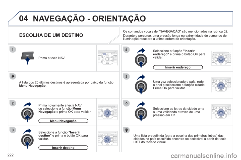 Peugeot 3008 Hybrid 4 2013  Manual do proprietário (in Portuguese) 222
04
NAV2ABC3DEF5JKL4GHI6MNO8TUV7PQRS9WXYZ0*#
1RADIO MEDIANAV TRAFFIC
SETUPADDR
BOOK
2ABC3DEF5JKL4GHI6MNO8TUV7PQRS9WXYZ0*#
1RADIO MEDIANAV TRAFFIC
SETUPADDR
BOOK
2ABC3DEF5JKL4GHI6MNO8TUV7PQRS9WXYZ0*