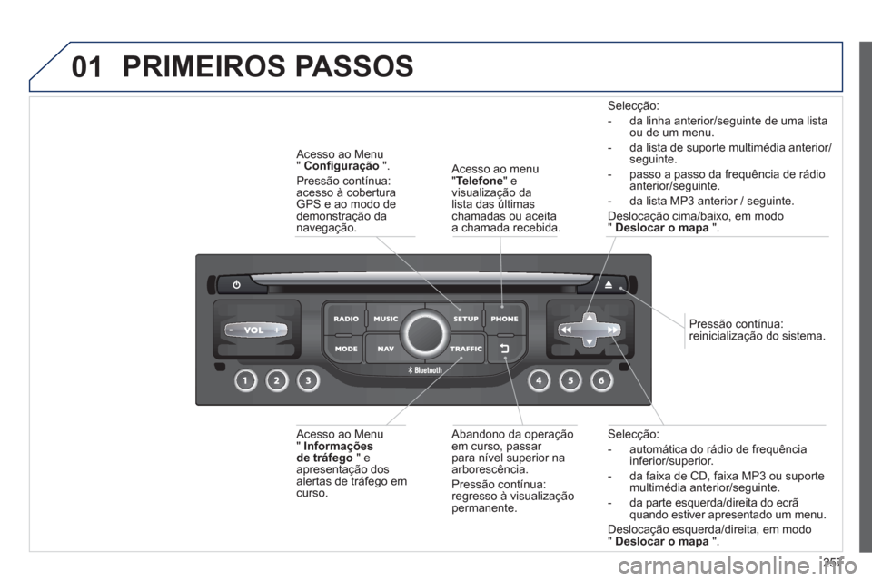 Peugeot 3008 Hybrid 4 2013  Manual do proprietário (in Portuguese) 257
01
Selecção:
-   automática do rádio de frequência
in
ferior/superior. 
-  da 
faixa de CD, faixa MP3 ou suporte multimédia anterior/seguinte.
-   da parte esquerda
/direita do ecrã quando 