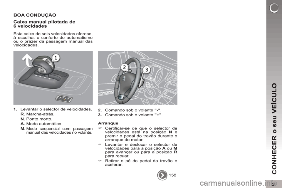 Peugeot 3008 Hybrid 4 2013  Manual do proprietário (in Portuguese) 25
CO  158  
 
BOA CONDUÇÃO
Caixa manual 
pilotada de 
6 velocidades
   
Esta caixa de seis velocidades oferece, 
à escolha, o conforto do automatismo 
ou o prazer da passagem manual das 
velocidad