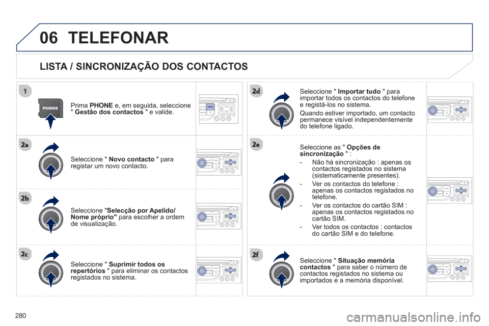 Peugeot 3008 Hybrid 4 2013  Manual do proprietário (in Portuguese) 280
06TELEFONAR
   
LISTA / SINCRONIZAÇÃO DOS CONTACTOS
 
 Prima  PHONEe, em seguida, seleccione"  Gestão dos contactos" e valide.
   
Seleccione " Novo contacto" para
registar um novo contacto.  
