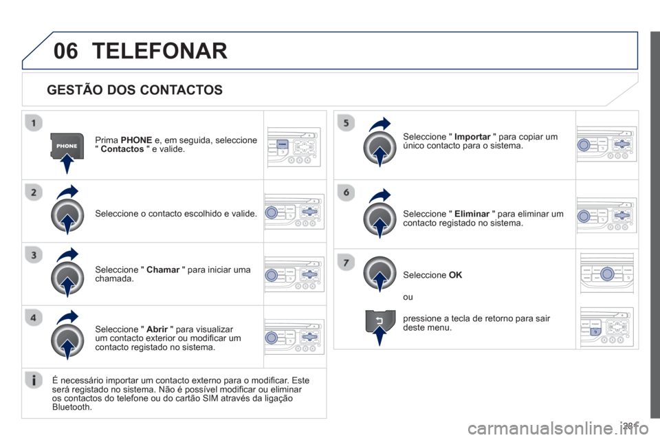 Peugeot 3008 Hybrid 4 2013  Manual do proprietário (in Portuguese) 281
06
   
GESTÃO DOS CONTACTOS 
Prima  PHONEe, em seguida, seleccione
" Contactos 
 " e valide.
Seleccione o contacto escolhido e valide.  
Seleccione "  Importar 
 " para copiar umrúnico contacto 