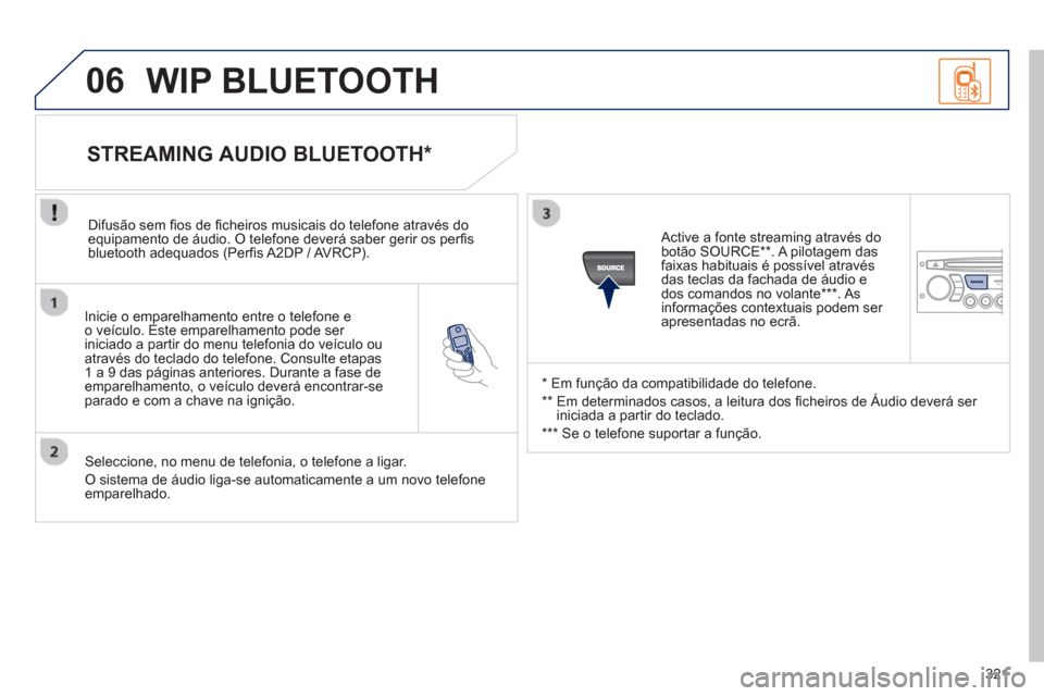 Peugeot 3008 Hybrid 4 2013 Manual do proprietário (in Portuguese) 321
06
Inicie o emparelhamento entre o telefone eo veículo. Este emparelhamento pode ser
iniciado a partir do menu telefonia do veículo ou
através do teclado do tele
fone. Consulte etapas
1 a Peugeot 3008 Hybrid 4 2013 Manual do proprietário (in Portuguese) 321
06
Inicie o emparelhamento entre o telefone eo veículo. Este emparelhamento pode ser
iniciado a partir do menu telefonia do veículo ou
através do teclado do tele
fone. Consulte etapas
1 a
