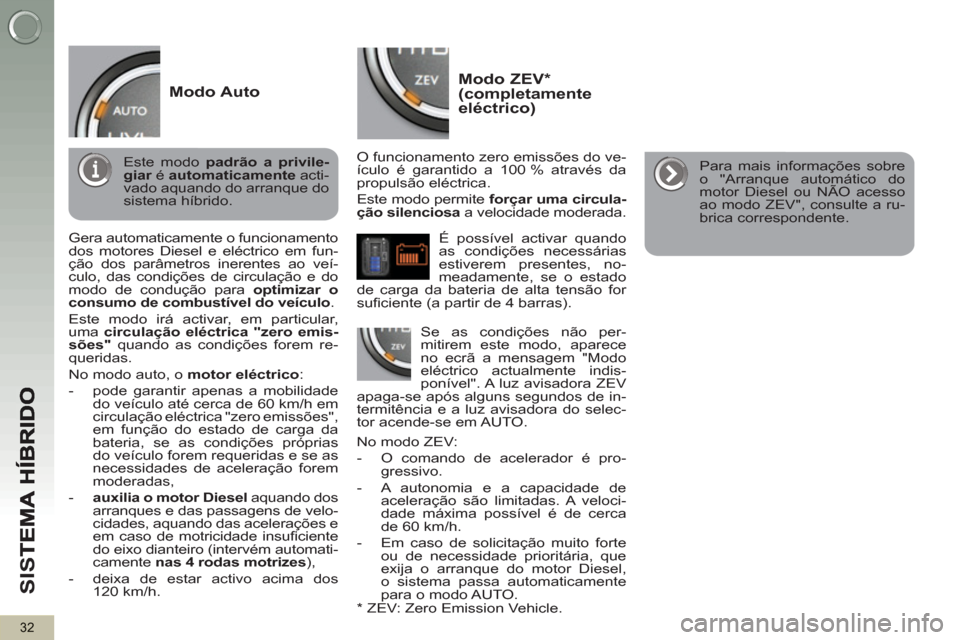 Peugeot 3008 Hybrid 4 2013  Manual do proprietário (in Portuguese) SI
S
32
Modo ZEV *    (completamente eléctrico)
 
 
O funcionamento zero emissões do ve-
ículo é garantido a 100 % através da 
propulsão eléctrica. 
  Este modo permite  forçar uma circula-
ç
