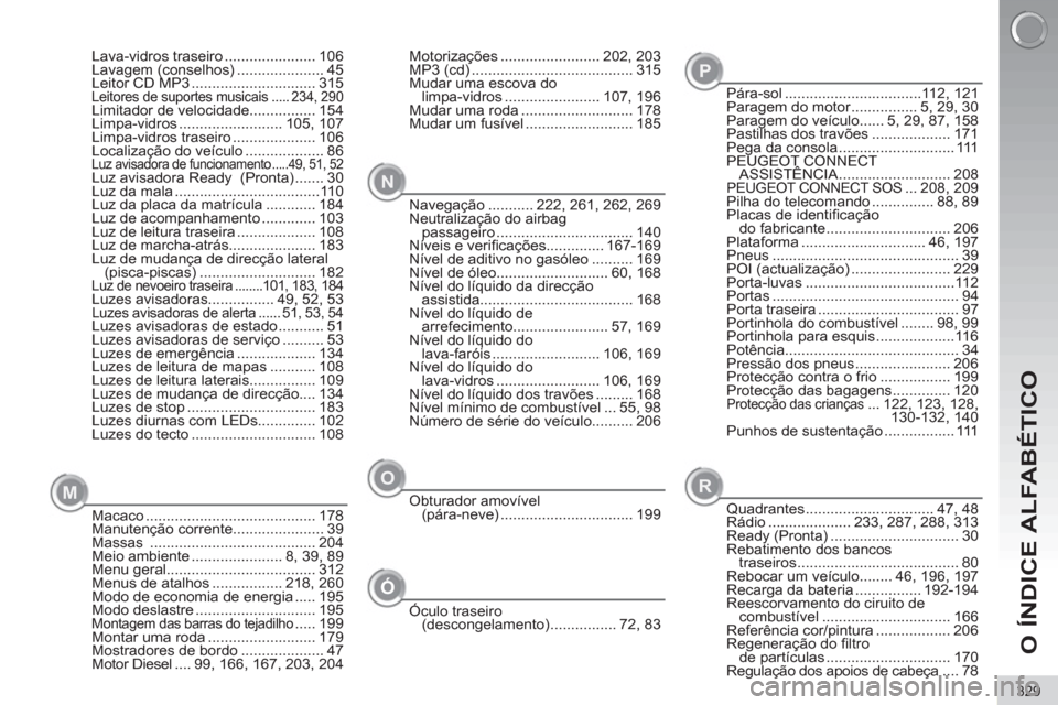 Peugeot 3008 Hybrid 4 2013  Manual do proprietário (in Portuguese) O ÍNDICE ALFABÉTICO
329
Macaco ......................................... 178
Manutenção corrente...................... 39
Massas  ........................................ 204
Meio ambiente .......