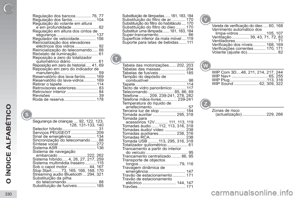 Peugeot 3008 Hybrid 4 2013  Manual do proprietário (in Portuguese) O ÍNDICE ALFABÉTICO
330
Regulação dos bancos ............. 76, 77
Regulação dos faróis .................... 104
Regulação do volante em altura 
e em profundidade ...................... 82
Reg