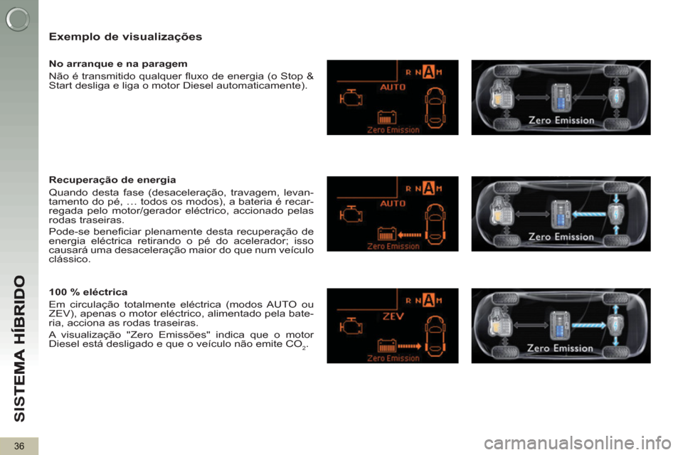 Peugeot 3008 Hybrid 4 2013  Manual do proprietário (in Portuguese) SI
S
36
   Exemplo de visualizações 
 
 
No arranque e na paragem 
  Não é transmitido qualquer ﬂ uxo de energia (o Stop & 
Start desliga e liga o motor Diesel automaticamente).  
   
Recuperaç