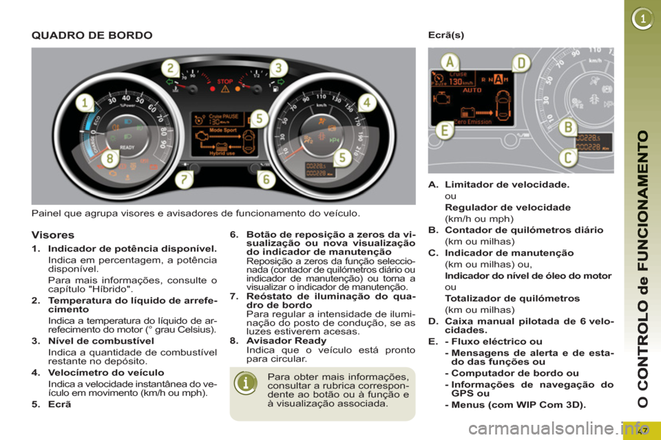 Peugeot 3008 Hybrid 4 2013  Manual do proprietário (in Portuguese) 47
O 
C
  Painel que agrupa visores e avisadores de funcionamento do veículo. 
QUADRO DE BORDO
 
 
Para obter mais informações, 
consultar a rubrica correspon-
dente ao botão ou à função e 
à 