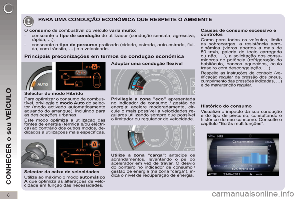 Peugeot 3008 Hybrid 4 2013  Manual do proprietário (in Portuguese) 8
CO
PARA UMA CONDUÇÃO ECONÓMICA QUE RESPEITE O AMBIENTE 
   
Principais preconizações em termos de condução económica
 
 
Selector da caixa de velocidades 
  Utilize ao máximo o modo  autom�