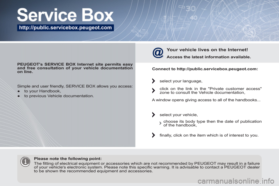 Peugeot 3008 Hybrid 4 2012  Owners Manual    
 
PEUGEOTs SERVICE BOX Internet site permits easy 
and free consultation of your vehicle documentation 
on line. 
 
 
 
Your vehicle lives on the Internet! 
 
 
Access the latest information avai